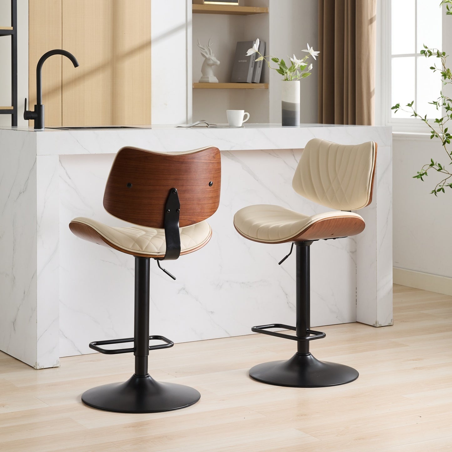 Walnut Bentwood Mid-Century Adjustable Bar Stool (Set of 2)