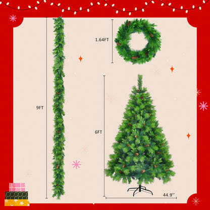 Pre-Lit 6FT Artificial Christmas Tree, Garland & Wreath with Pine Cones