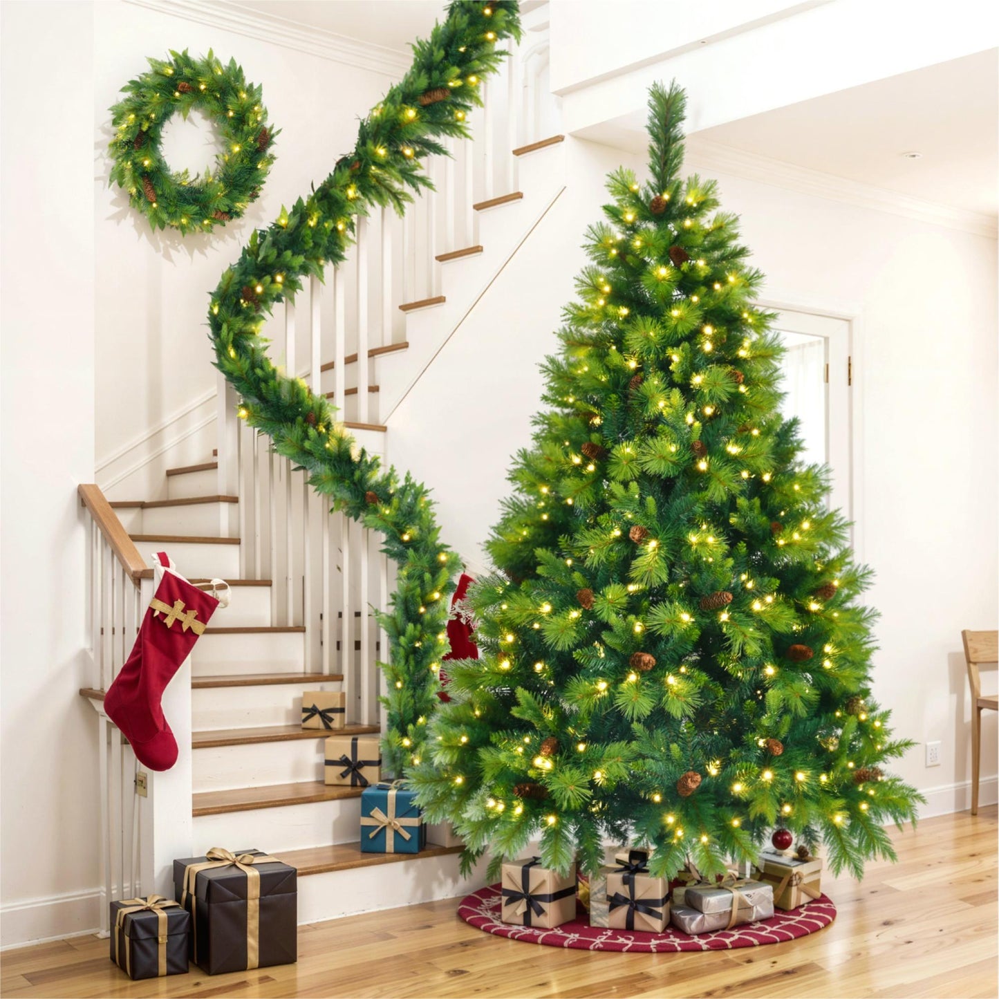 Pre-Lit 6FT Artificial Christmas Tree, Garland & Wreath with Pine Cones