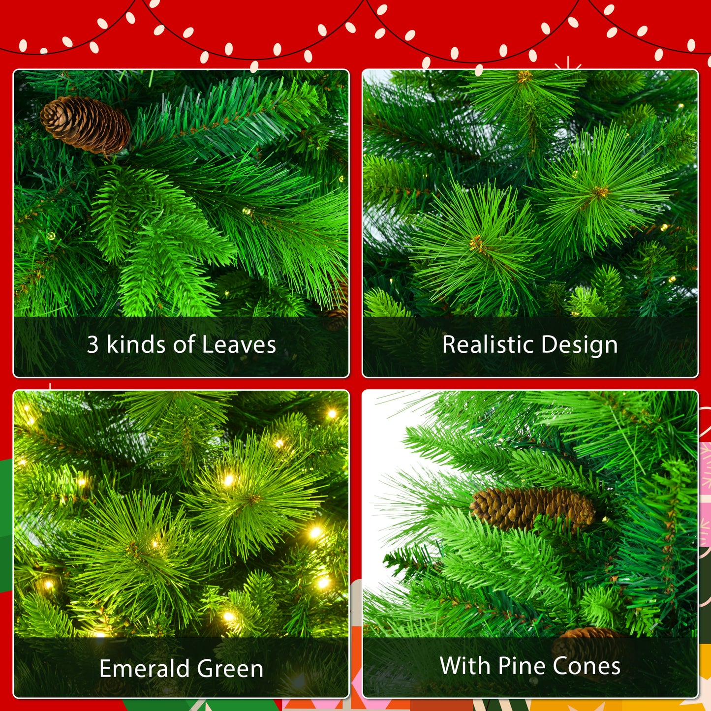 Pre-Lit 6FT Artificial Christmas Tree, Garland & Wreath with Pine Cones