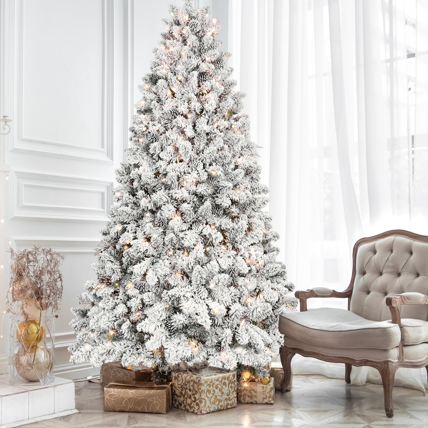 Pre-Lit Snow Flocked Artificial Christmas Tree w/ Natural Pine Cones