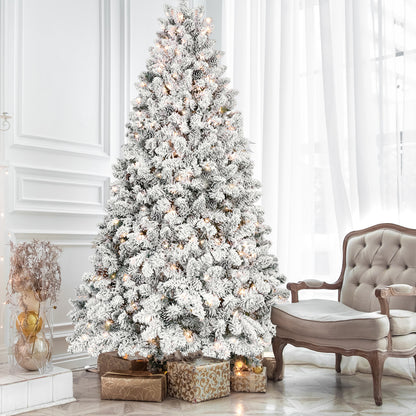 Pre-Lit Snow Flocked Artificial Christmas Tree w/ Natural Pine Cones