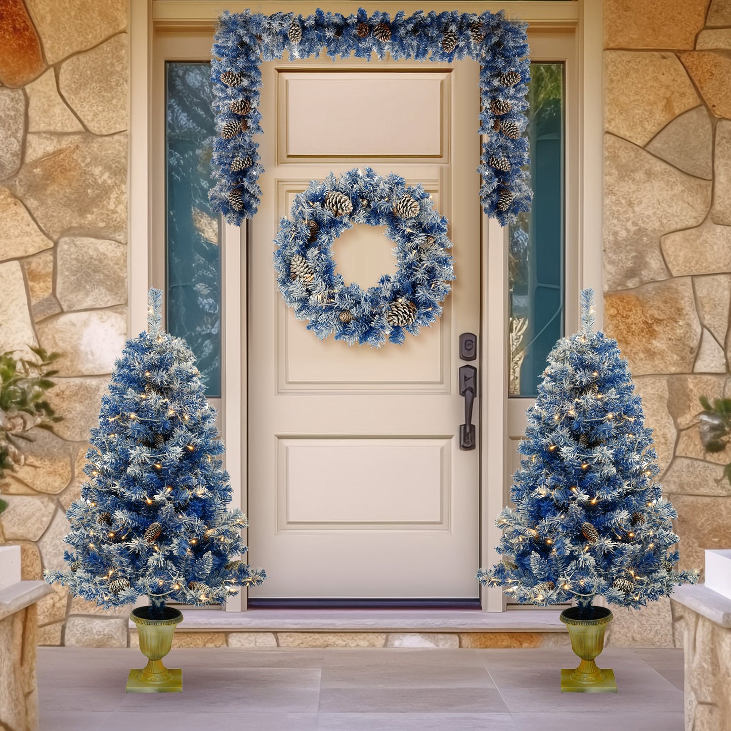 4-Piece Set Pre-Lit Artificial Christmas Entrance Trees w/ Pine Cones (Blue)
