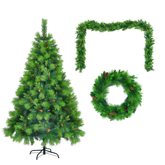 Pre-Lit 6FT Artificial Christmas Tree, Garland & Wreath with Pine Cones