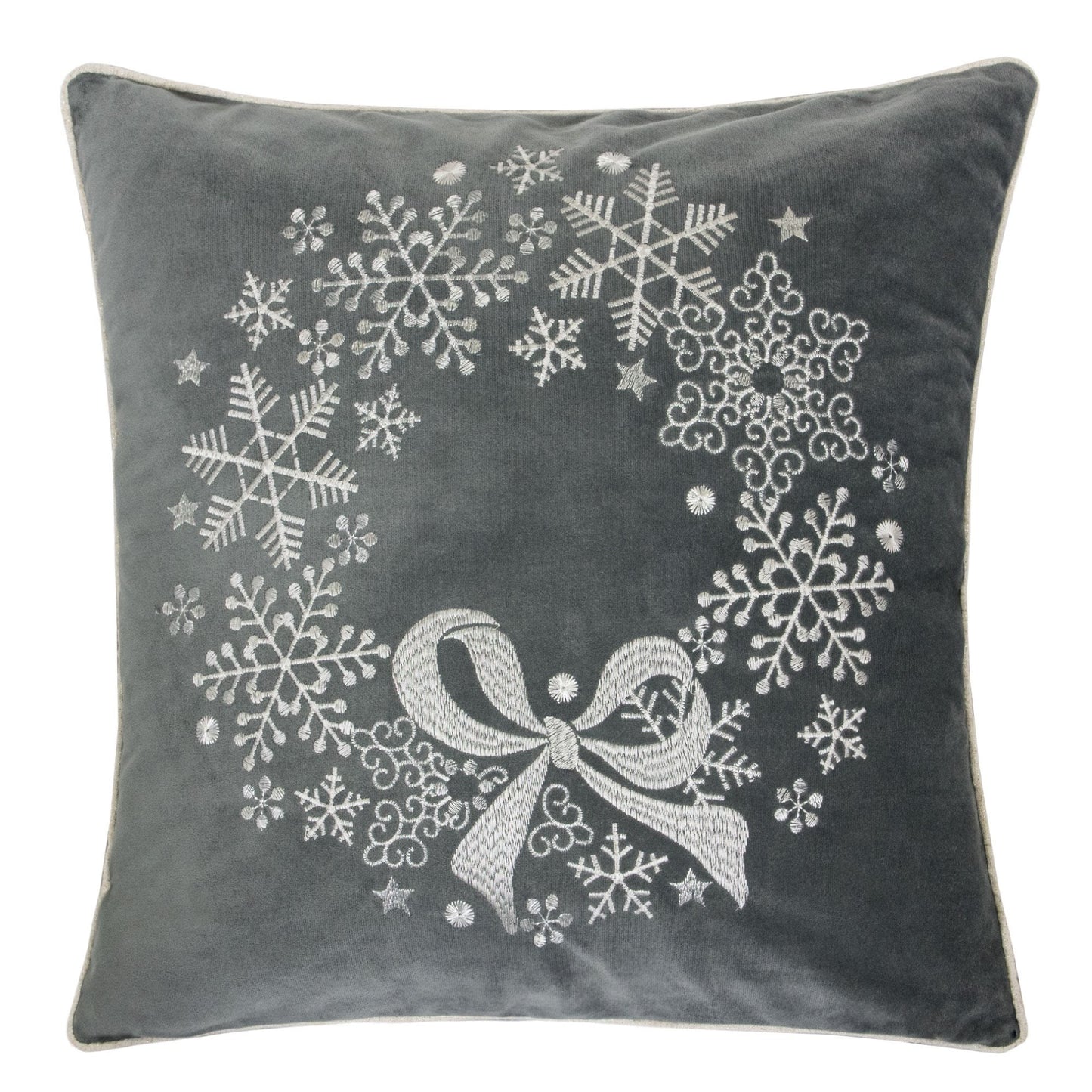 Velvet Holiday Throw Pillow with Snowflake Wreath Embroidery