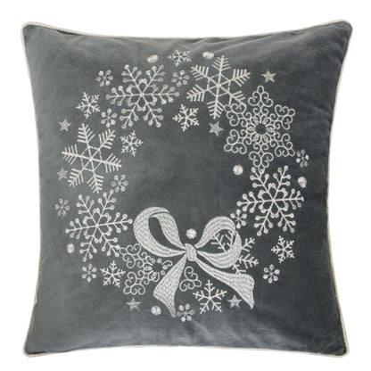 Velvet Holiday Throw Pillow with Snowflake Wreath Embroidery