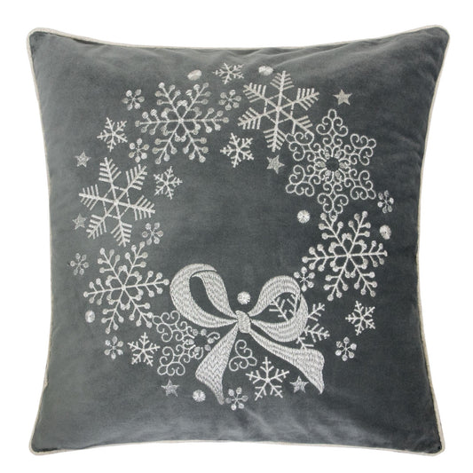 Velvet Holiday Throw Pillow with Snowflake Wreath Embroidery